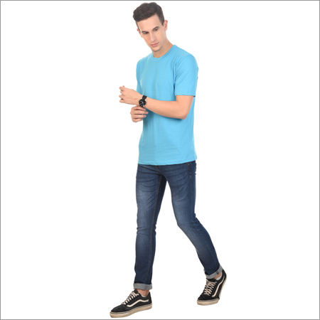 Mens Cyan Color Plain T-Shirt - Cotton, Short Sleeve, O-Neck, Blue | Wrinkle Free, Fade Resistant, Attractive Shades, Lightweight