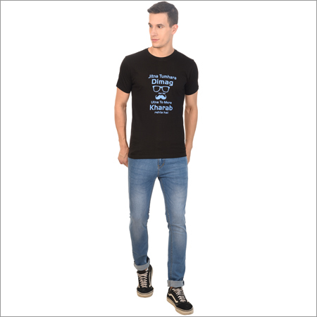 Mens Black Printed Round Neck T-Shirt - Cotton Material, Various Sizes, Vibrant Black Color | Soft Touch, Colorfast, Elegant Design