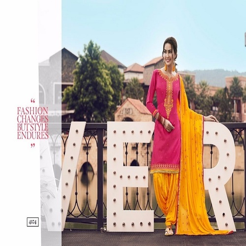 Elegant Cotton Patiala Suit - Embroidered Pink & Yellow with Lace Full Sleeves Custom Size Up to 42