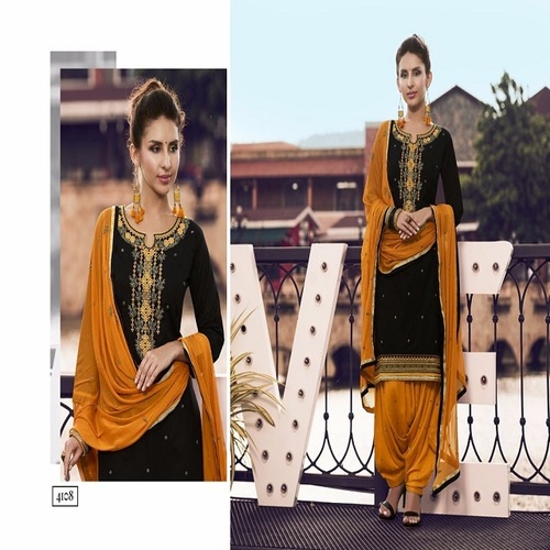 Black & Mustard Heavy Embroidery Cotton Patiyala Suits Online