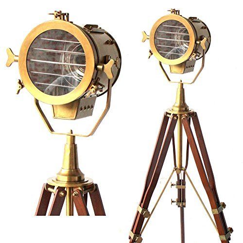 Adjustable Antique Vintage Old Century Moden Searchlight Lamp Timber Tripod Brass and Brown Tripod