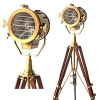 Adjustable Antique Vintage Old Century Moden Searchlight Lamp Timber Tripod Brass and Brown Tripod