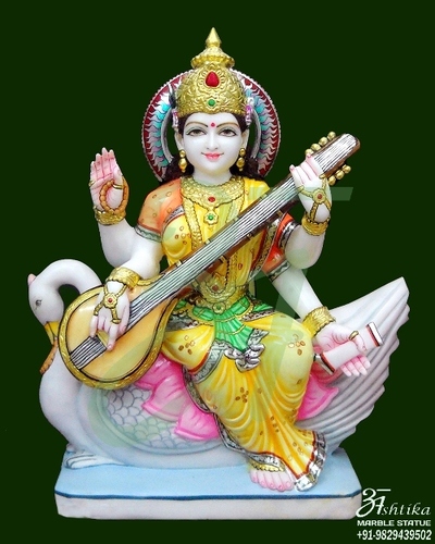 Marble Saraswati Statue Manufacturer - Hand-Carved Marble, Variable Height, White | Elegant Design, Fine Details, Hand-Painted Finish