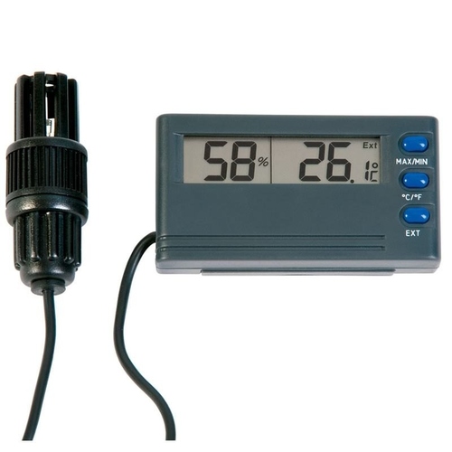 Therma-Hygrometer - ABS Case 18x41x76mm, External Probe -49.9 to 69.9°C, Dual Display, Max/Min Readings, Alarm