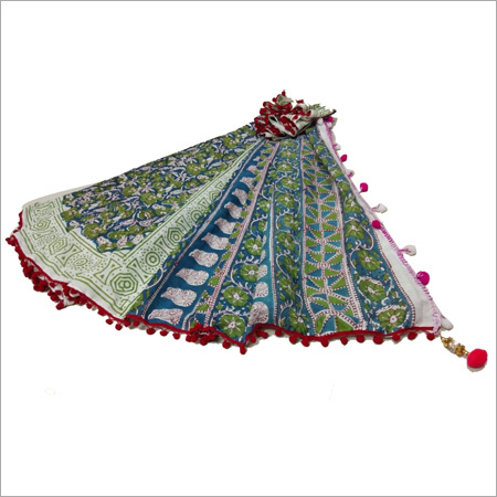 Green Multi Color Hand Block Printed Saree With Pom Pom Lace