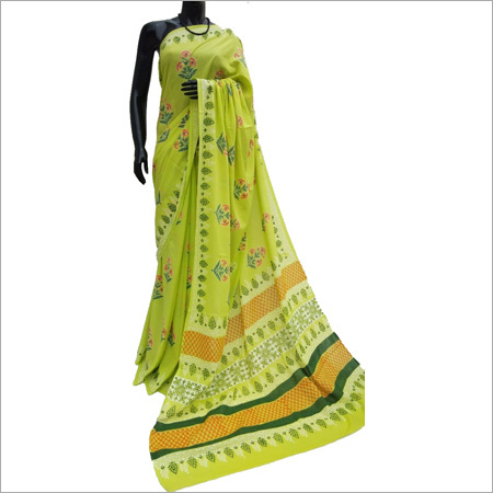 Hand block Light Green Cotton Silk Saree