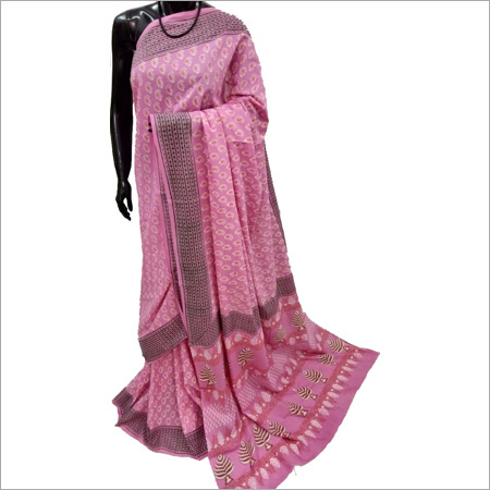 Hand block Pink Cotton Saree