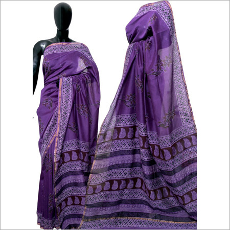 Hand block Purple Cotton Silk Saree