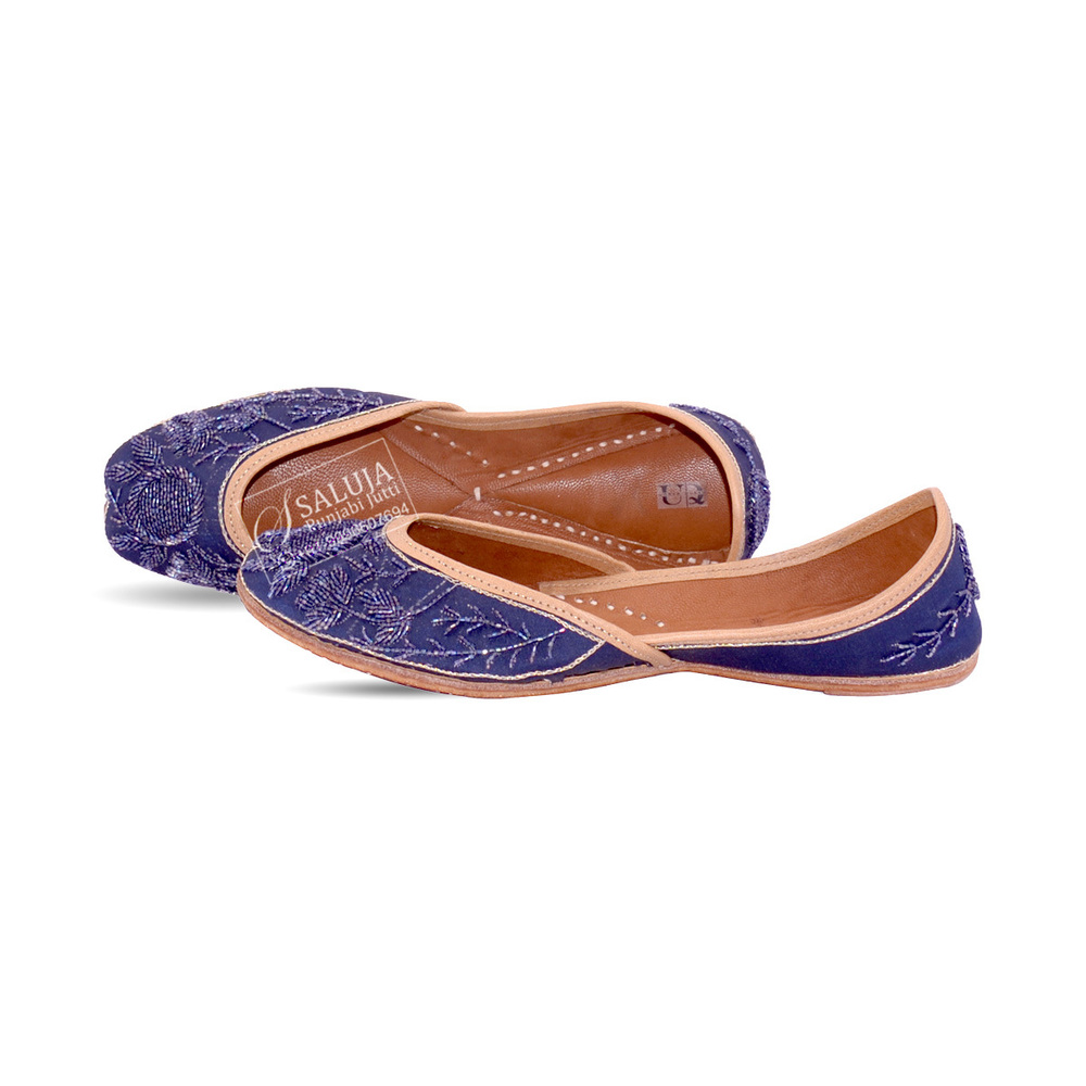 Designer Leather Punjabi Jutti - Blue, Size 36-41 | Extra Padding, Comfortable Flat Heel, All-Season Wear