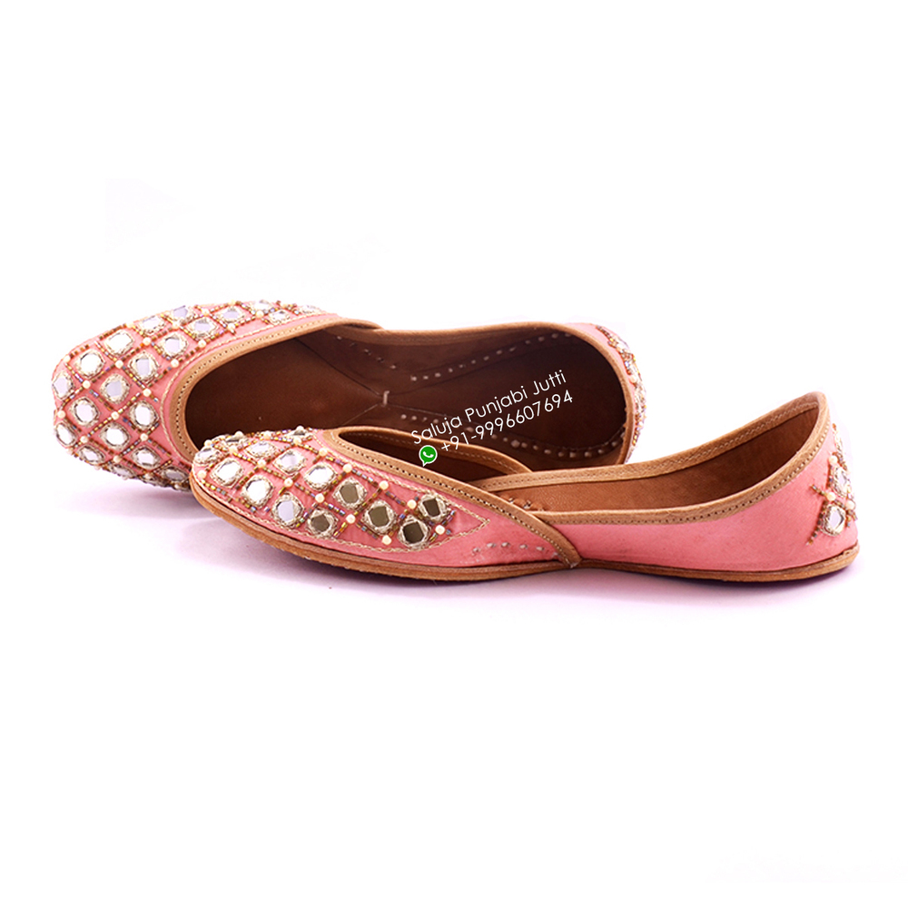 Peach Color Mirror Work Punjabi Jutti For Woman Heel Size: Flat
