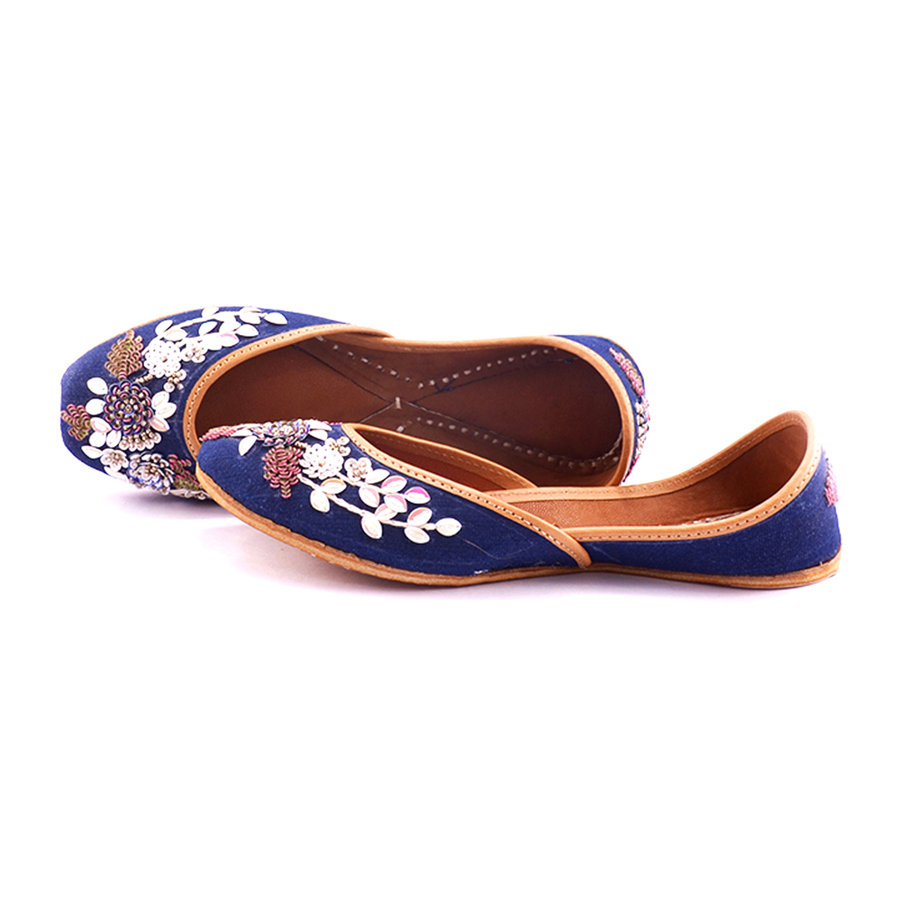 Party Wear Punjabi Jutti Blue Color With Kundan Work For Woman Heel Size: Flat