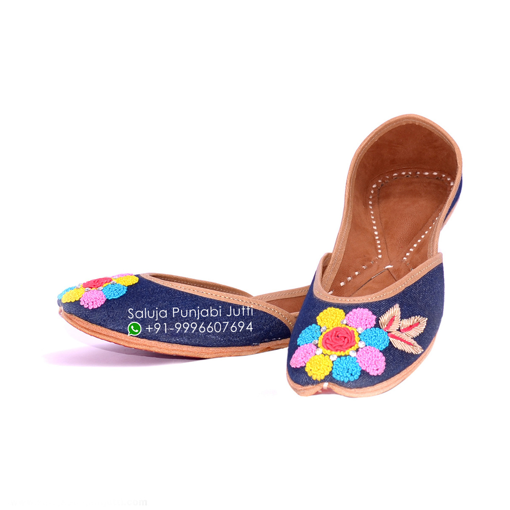 Punjabi Jutti Blue Color With Yellow Flower Work For Woman Heel Size: Flat