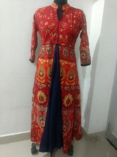 Rajasthani Printed Rayon Long Dress Bust Size: 44 Inch (In)