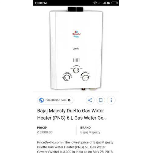 White Bajaj Mejesty Duetto Gas Water Heater