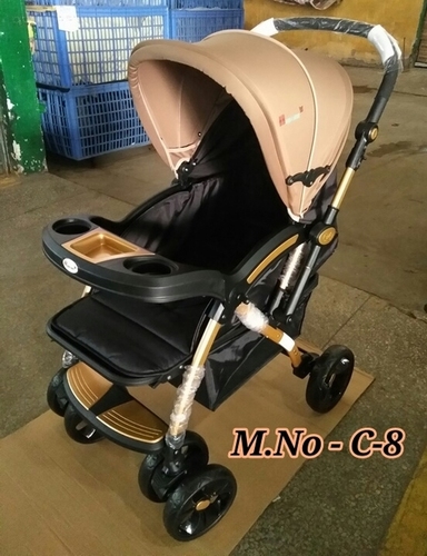 BABY STROLLER - Metal Frame, Foldable with Button, Adjustable Handle, Big Wheels, 5-Belt Safety, Bottle Holder, Shock Absorber, Footrest, Storage Basket