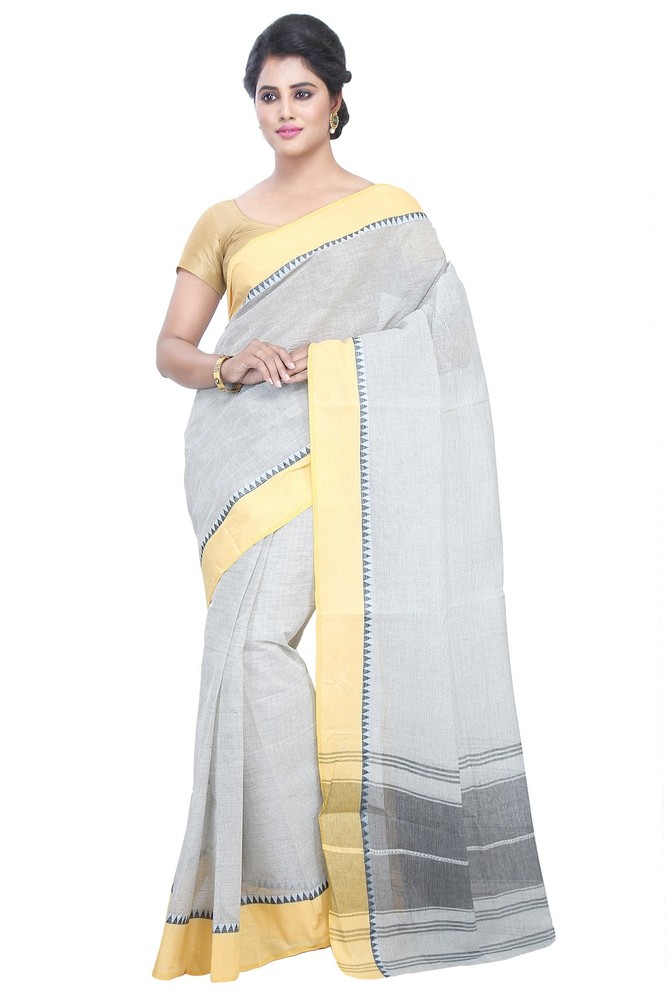 Cotton Tant Traditional Saree - Grey Cotton Fabric , Zari Decorative Elements for Elegant Occasions