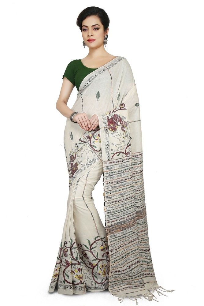 White Buymyethnic Shantiniketan Khesh Kantha Cotton Saree (White)