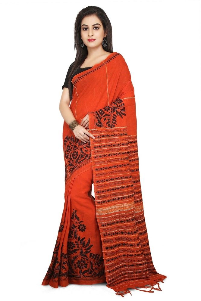 Orange Buymyethnic Shantiniketan Khesh Kantha Cotton Saree (Orange)