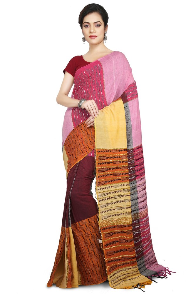 Multicolor Buymyethnic Shantiniketan Khesh Kantha Cotton Saree (Multicolor)