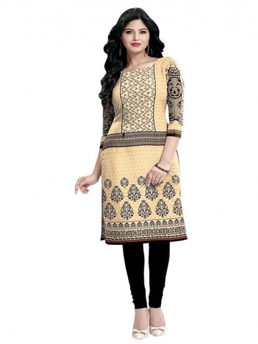 Beige Cotton Knee-Long Printed Kurti - Short Sleeve Beaded Technics | Party Occasion Dry Clean Only