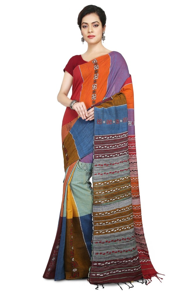 Multicolor Buymyethnic Shantiniketan Khesh Kantha Cotton Saree (Multicolor)