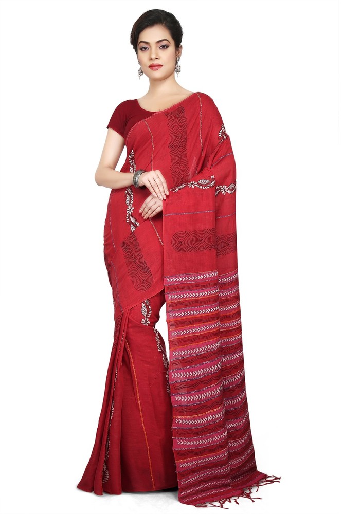 Red Buymyethnic Shantiniketan Khesh Kantha Cotton Saree (Red)