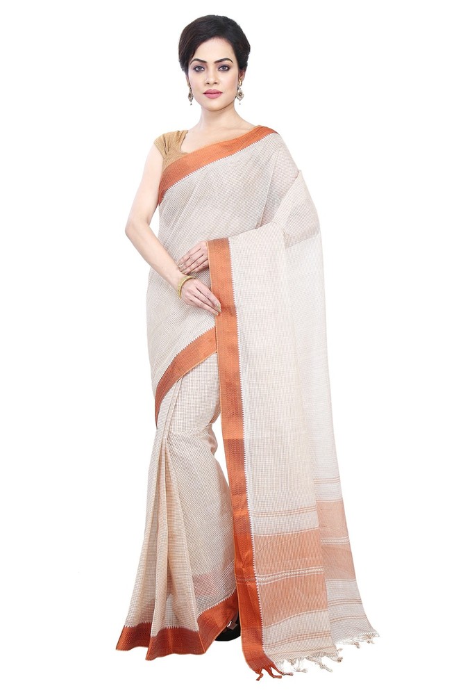 Orange Buymyethnic Woven Tant Cotton Saree (Orange)