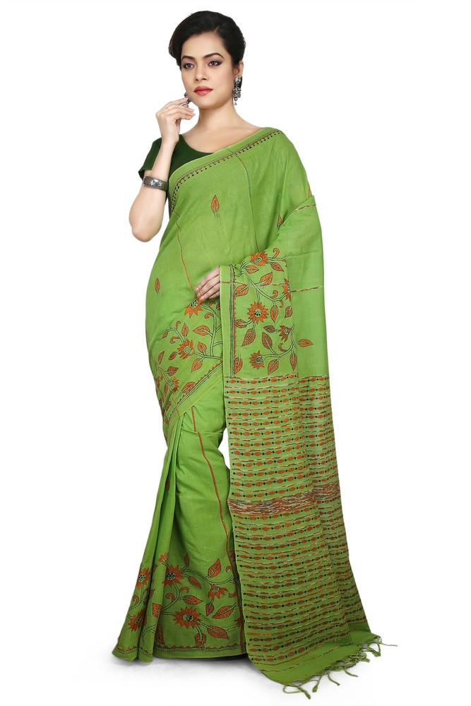 Green Buymyethnic Shantiniketan Khesh Kantha Cotton Saree (Green)