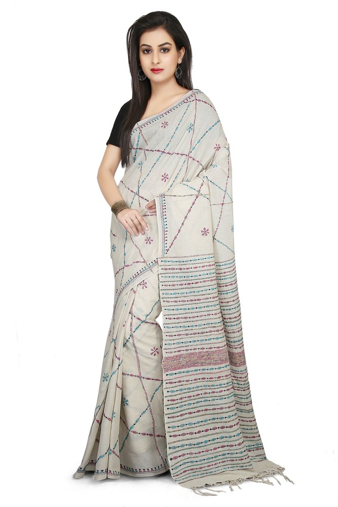 White Buymyethnic Shantiniketan Khesh Kantha Cotton Saree (White)
