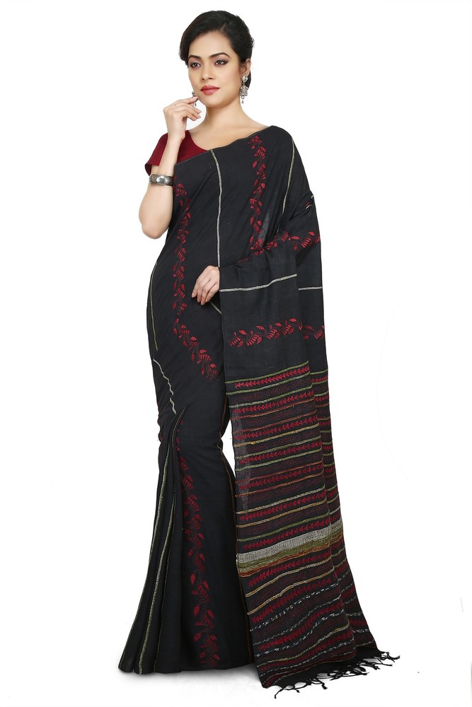 Black Buymyethnic Shantiniketan Khesh Kantha Cotton Saree (Black)
