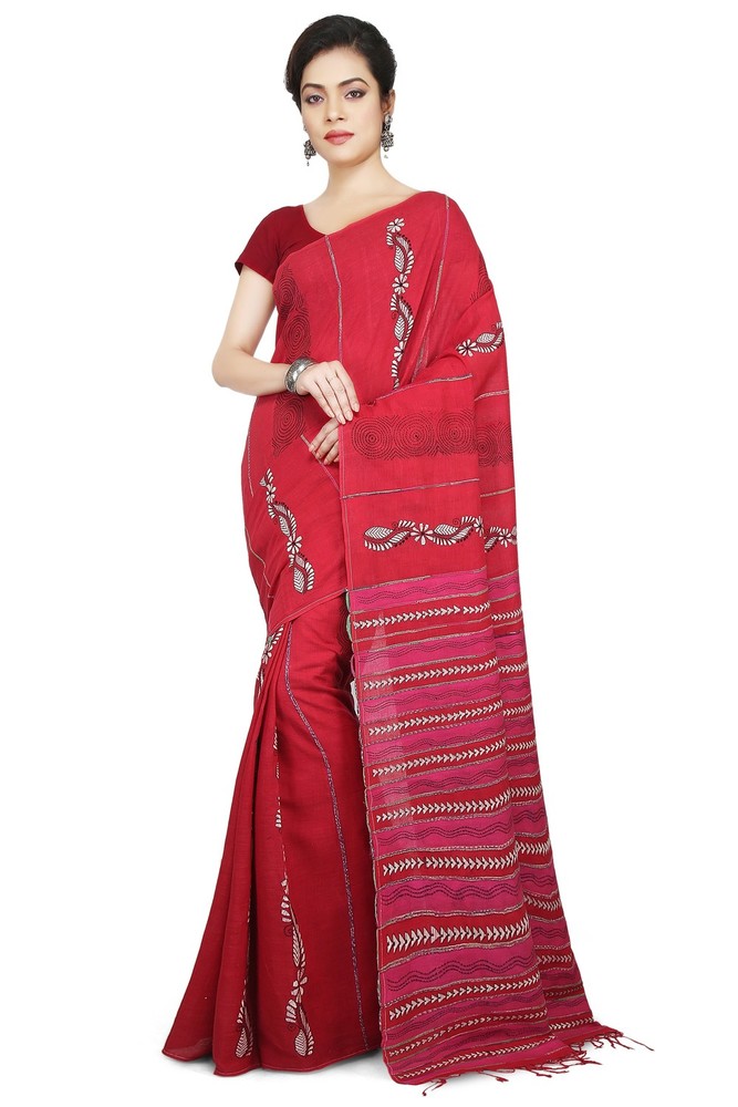 Buymyethnic Shantiniketan Khesh Kantha Cotton Saree (Red)