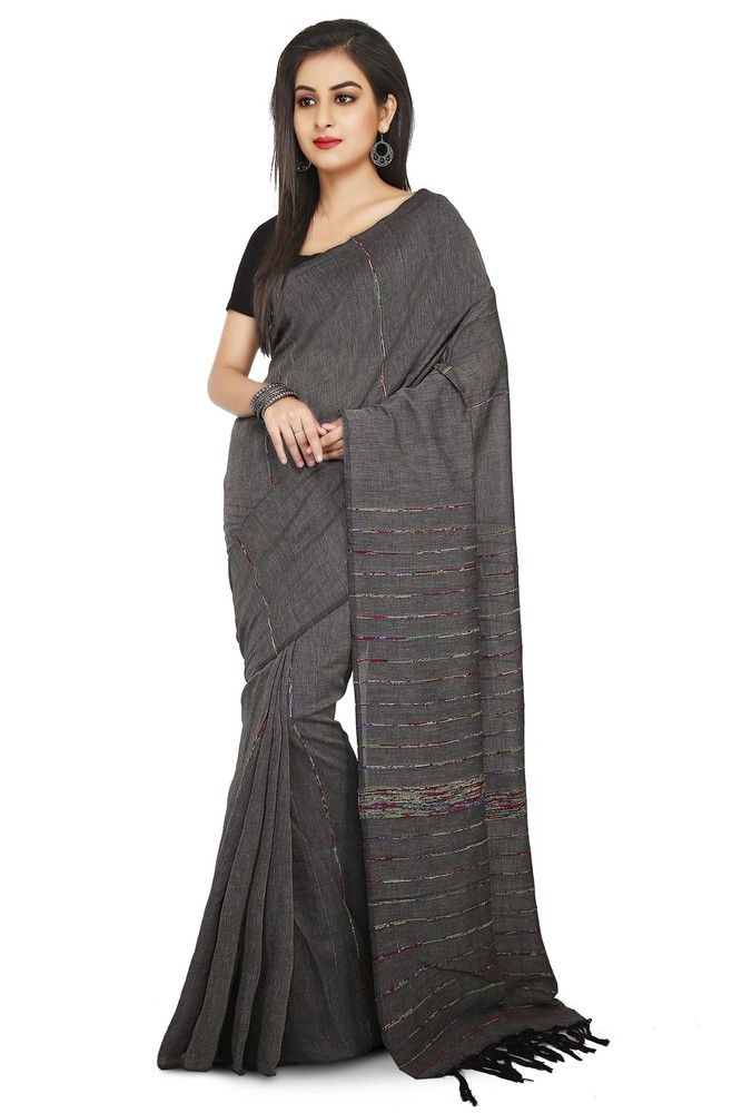 Grey Buymyethnic Shantiniketan Khesh Cotton Saree (Grey)