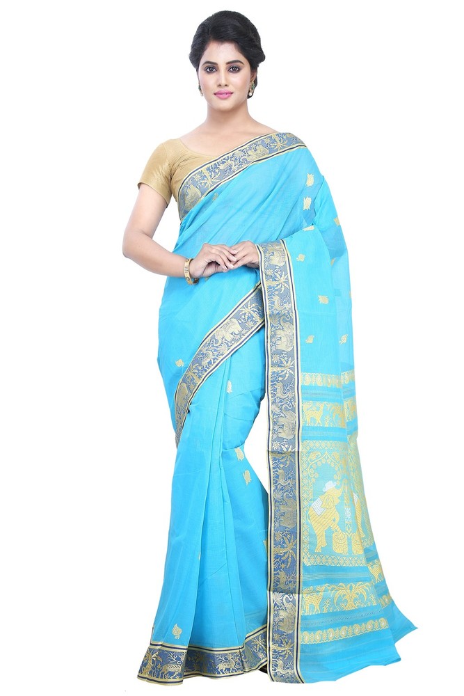 Buymyethnic Woven Tant Cotton Saree (Blue)