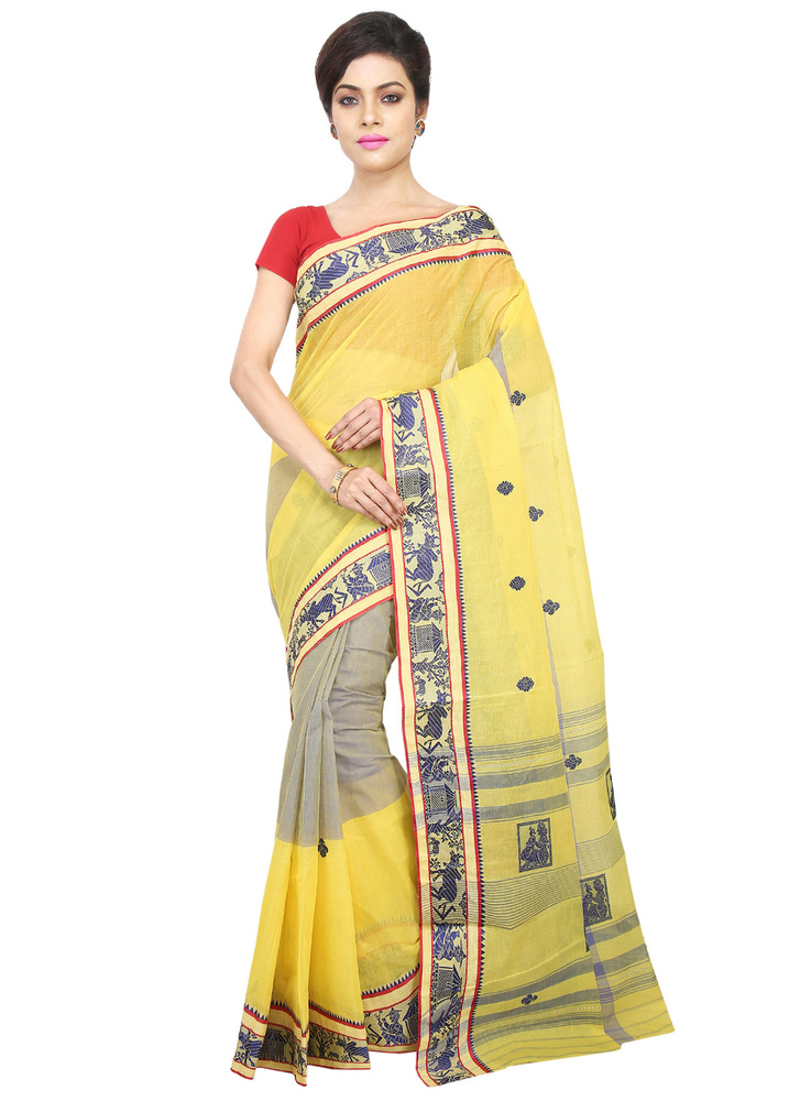Yellow Buymyethnic Woven Tant Cotton Saree (Yellow)
