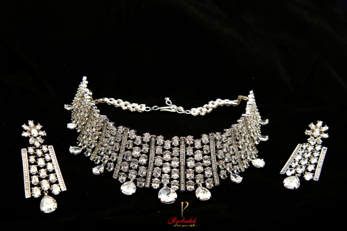 Gorgeous American Diamond Necklace Set - Pear Cut, Silver Color | Excellent Diamond Cut, Natural Diamonds with Laser Drilling Enhancements