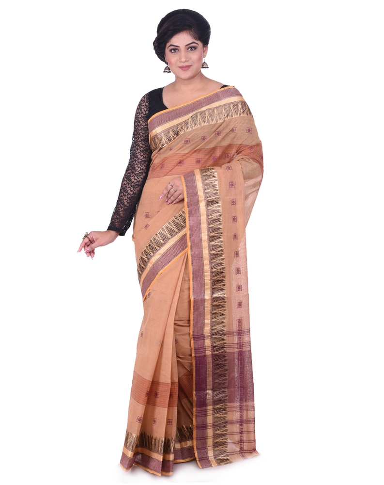 Brown Buymyethnic Woven Tant Cotton Saree (Brown)