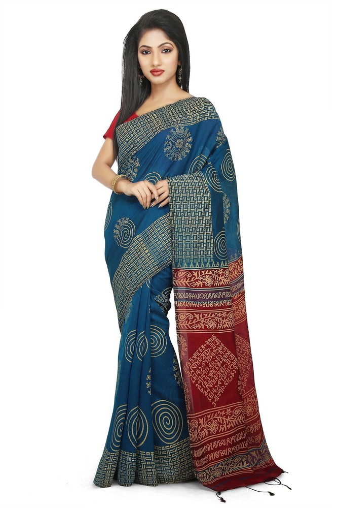 Blue Buymyethnic Woven Tant Cotton Saree (Blue)