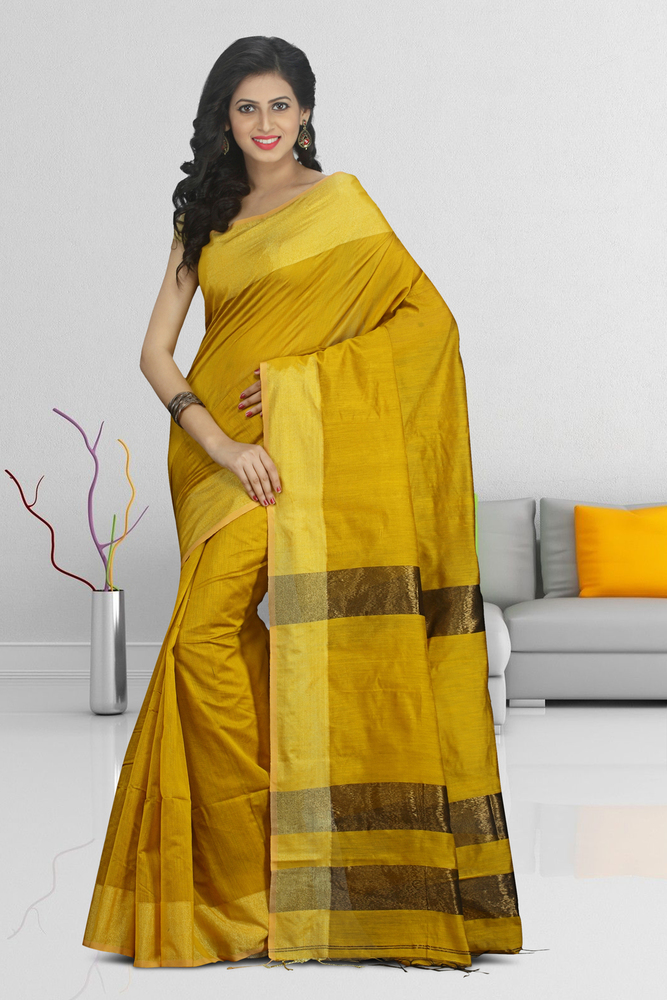 Mustard Buymyethnic Woven Tant Cotton Silk Saree (Mustard)