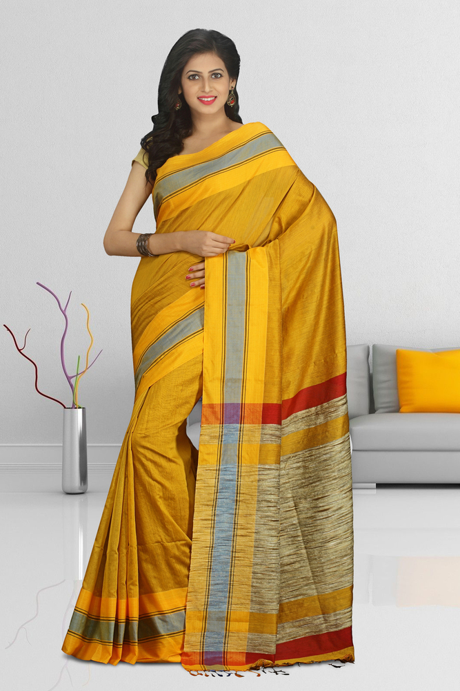 Yellow Buymyethnic Woven Tant Cotton Silk Saree (Yellow)