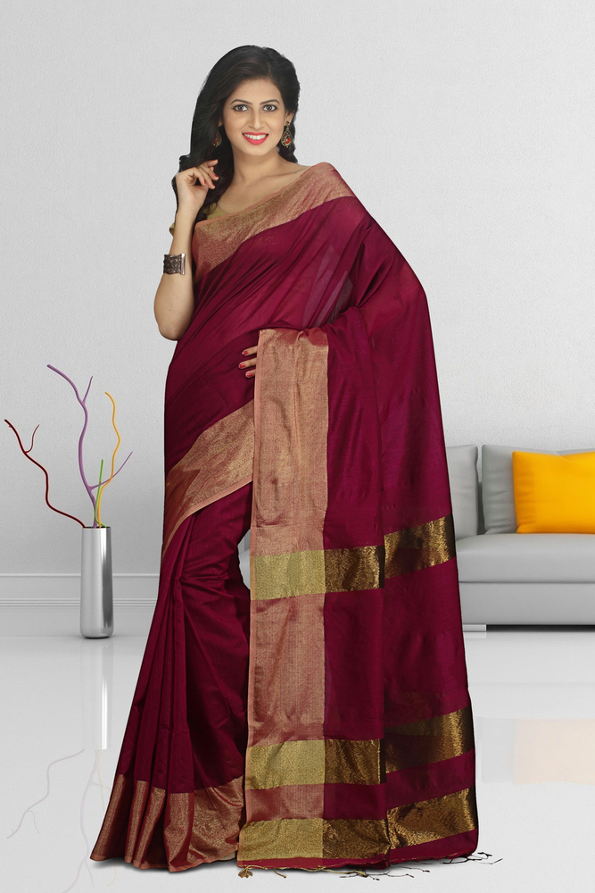 Magenta Buymyethnic Woven Tant Cotton Silk Saree (Magenta)