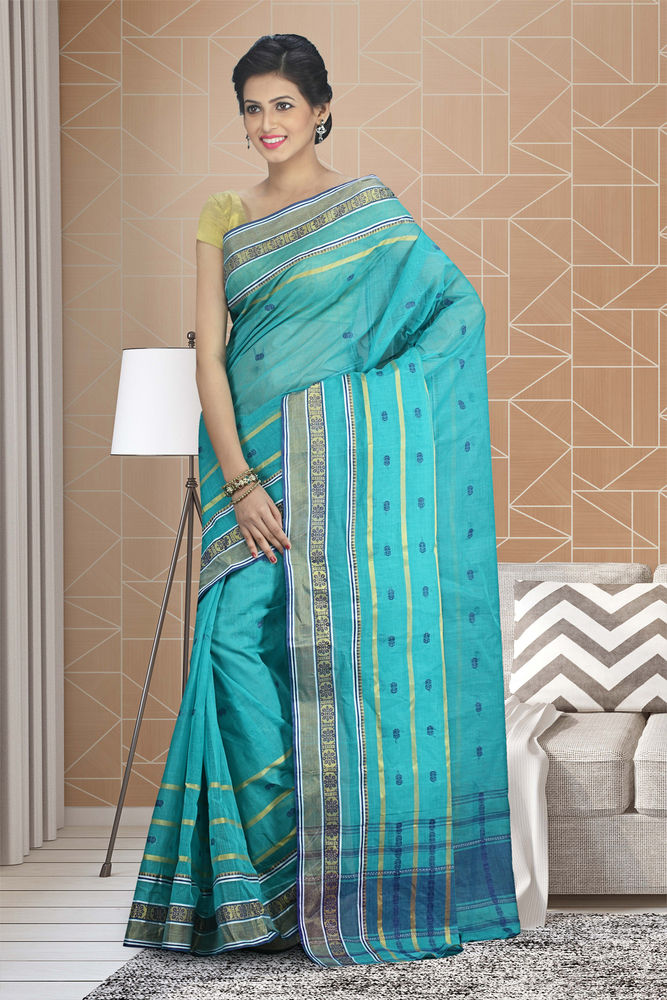 Sky Blue Buymyethnic Woven Tant Cotton Saree (Sky Blue)