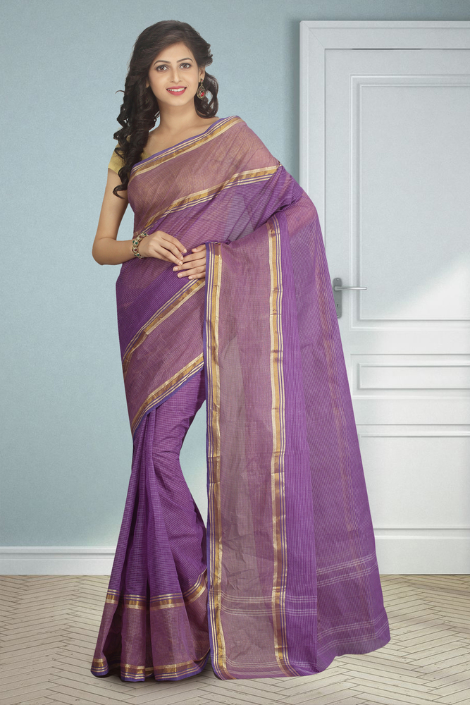 Purple Buymyethnic Woven Tant Cotton Saree (Purple)