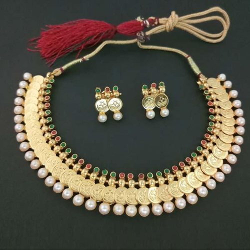 Coin Necklace Set - Copper Material, Gold Plated Finish | Embellished with Temple Coin & Mixed Stones, Suitable for Ethnic Attire, Durable & Skin Friendly