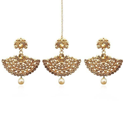 Maang Tikka Earrings - Zinc Alloy Dangle Style | Elegant Design with Maang Tikka for Weddings and Festive Occasions Perfect for Lehenga and Indo-Western Outfits