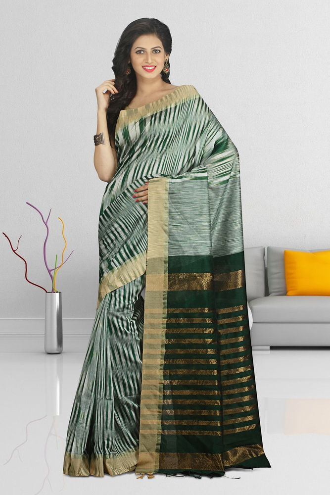 Green Buymyethnic Woven Tant Cotton Silk Saree (Green)