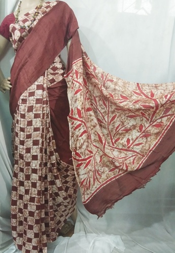 Hand Batik Pure Silk Saree - Brown, Printed Design | Bangali Style, Fast Color Warranty