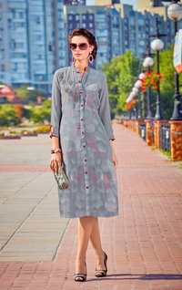 Selfi Kurti - Georgette, L/XL/XXL, Grey | 3/4 Sleeves, Collar Neck, Embroidered & Printed, Comfortable Fit, Stylish Design, Versatile for Casual Occasions