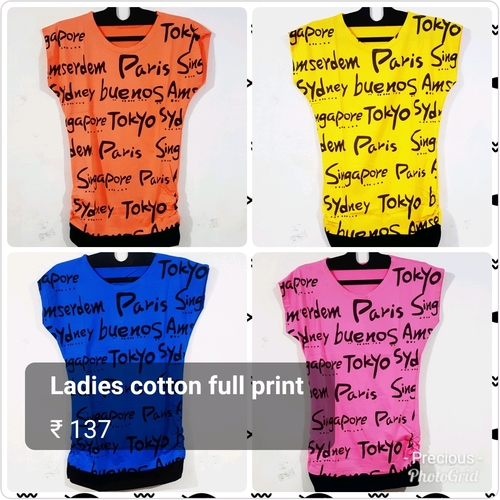 Ladies T Shirts - Cotton, Size [M, L, XL], Colors: Blue, White, Black, Grey, Yellow, Red, Sky Blue, Green | O-Neck, Short Sleeves, Printed Pattern