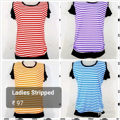 Ladies Striped T Shirts - Spandex Fabric, Size L, M, XL | O-Neck Collar, Short Sleeves, Available in Blue, White, Black, Grey, Yellow, Red, Sky Blue, Green
