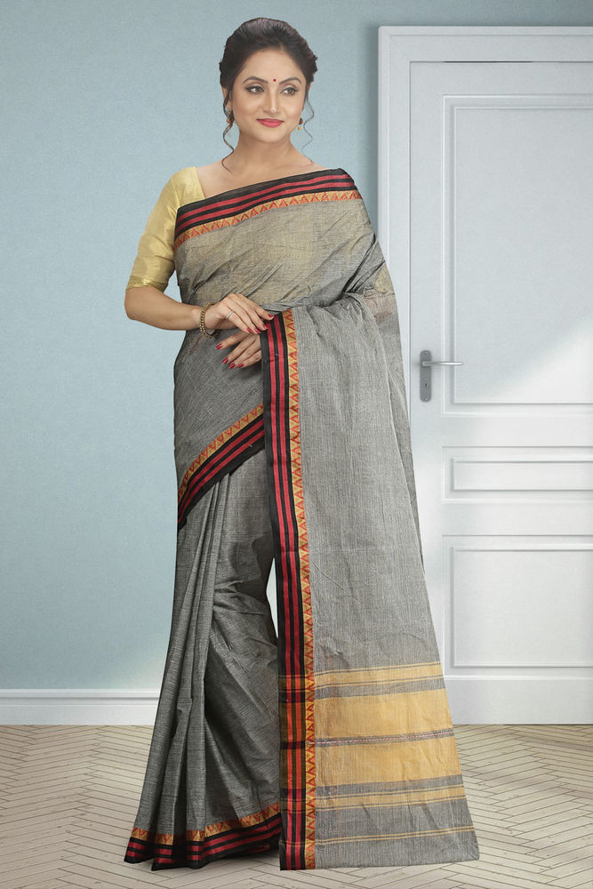 Black Buymyethnic Woven Tant Cotton Saree (Black)